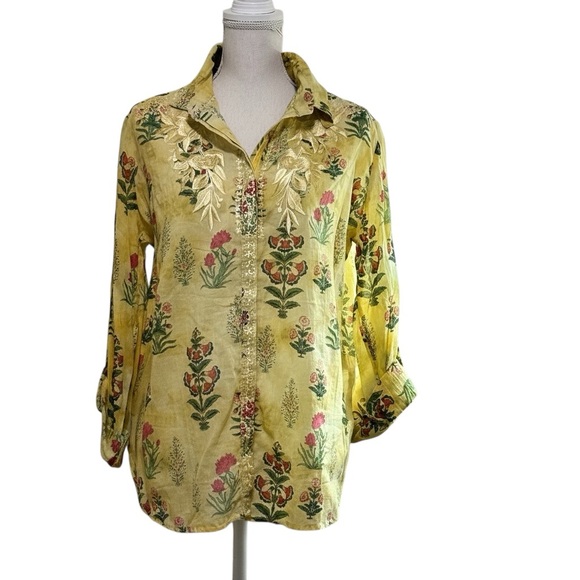 Vintage Goa Tops - Vintage Goa Women's Yellow Floral Embroidered Tunic Shirt Size L - B13
